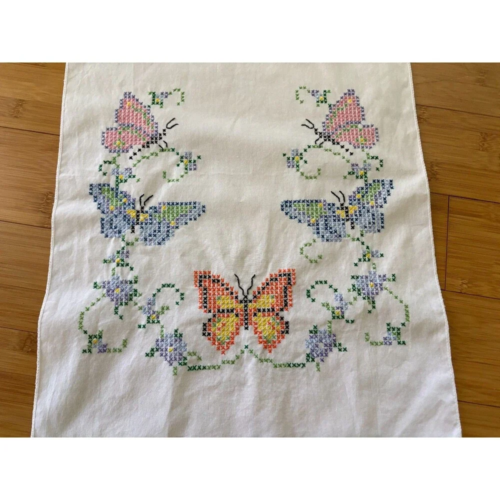 Vintage Cross Stitch Butterfly Table Runner Floral Embroidery White Linen